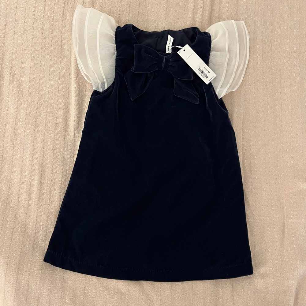 NWT Janie and Jack Navy Velvet Dress with Organza Sleeves Size 3